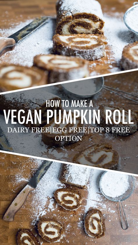 Vegan Pumpkin Roll (2 Ways) Vegan Pumpkin Roll, Dairy Free Pumpkin Cake, Vegan Filling, Vegan Fall Dessert, Dairy Free Cake Recipe, Classic Fall Desserts, Pumpkin Roll Cake, Vegan Cream Cheese Frosting, Pumpkin Rolls Recipe