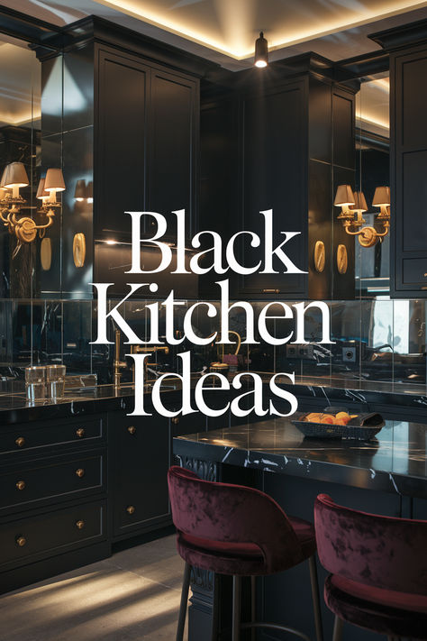 Elegant and Gorgeous Black Kitchen Ideas You Have to See Dark Granite Countertops Kitchen, Black Walls Kitchen, Elegant Black Kitchen, Kitchen Luxury Modern, Modern Dark Kitchen, Black Tiles Kitchen, Kitchen Black Counter, Black And Grey Kitchen, White Kitchen Floor