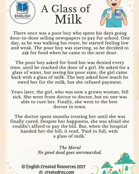 A Glass Of Milk Story, Small English Story, Inspirational Paragraphs, English Story Books, Reading Cafe, Stories With Moral Lessons, Cherry Drawing, English Moral Stories, Preposition Worksheets