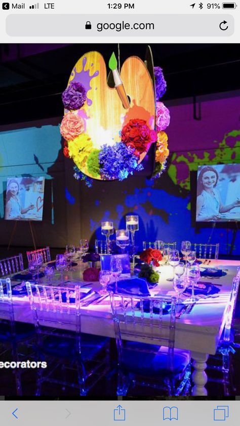 Art Themed Wedding Decor, Art Themed Centerpieces, Prom Themes Starry Night, Art Gala, Art Themed Party, Prom Backdrops, Elementary Art Rooms, Paint Themes, Bat Mitzvah Party