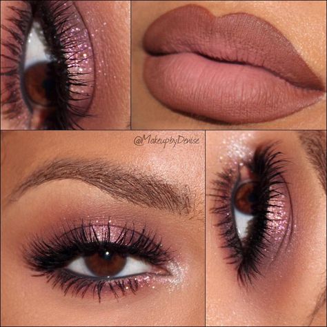 soft mauve-y pink eye w/ glitter (center & inner corner) with matching lips & dark grey waterline (@makeupbydenise) #makeup sparkle Eye Makeup With Glitter, Waterline Makeup, Pink Glam Makeup, Makeup Sparkle, Pink Wedding Makeup, Mauve Eyeshadow, Mauve Makeup, Evening Eye Makeup, Pink Eyeshadow Look