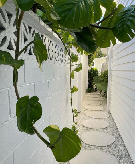 Step Stones Pathway, Side Pathway Ideas, French Pattern Travertine, Stepping Stones Pathway, Backyard Pathway, Pathway Design, Side Path, Concrete Path, Backyard Renovation