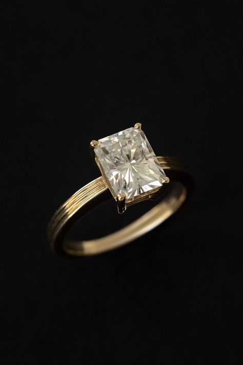 Yellow Gold Engagement Ring Square Diamond, Ring Band Styles, Elongated Engagement Ring Gold, Emerald Cut Engagement Ring Gold Vintage, Timeless Oval Engagement Ring, Radiant Engagement Ring Thick Gold Band, Tapered Band Engagement Ring, Vibtage Yellow Gold Engagemwnt Rings, Gold Wedding Rings With Center Stone, Classic Cut