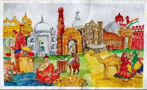 In this painting I have depicted the historical sites of India- Red fort, Golden temple, Victoria Memorial , India Gate, and other historical sites . I have also depicted India's heritage and culture - the Rajasthani folk dance, Gautam Buddha an asset to the world from India . Heritage Of India Paintings, Indian Heritage Drawing, Rajasthani Folk Dance, Heritage Drawing, Indian Culture And Heritage, Ganesha Artwork, Art Competition Ideas, Heritage Paint, Independence Day Drawing