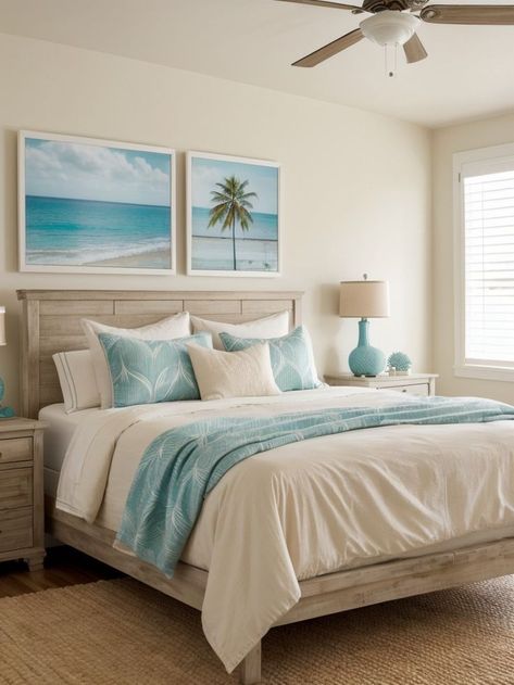 White Beach House Bedroom, Decoration Theme Marin, Coastal Rooms, Aqua Bedrooms, Costal Bedroom, Surf Room, Beach Themed Bedroom, Beach House Bedroom, Coastal Room