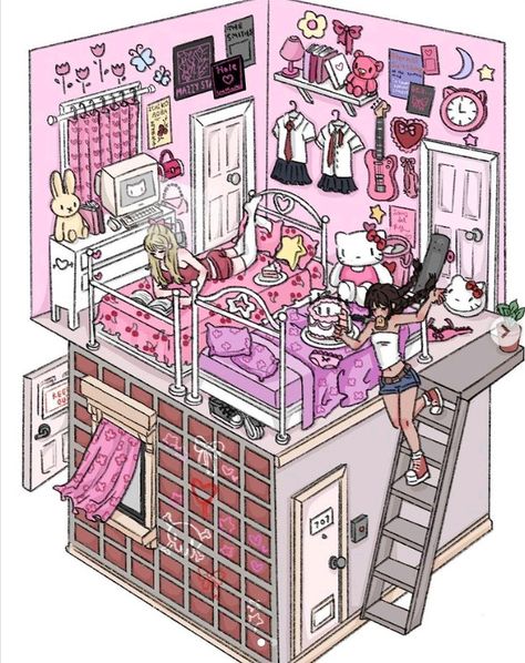 Pink Bedroom Art, Cute Room Drawing, Funny Situations, Images Hello Kitty, Bedroom Drawing, Comic Book Collection, Swag Art, Grunge Art, Hot Anime