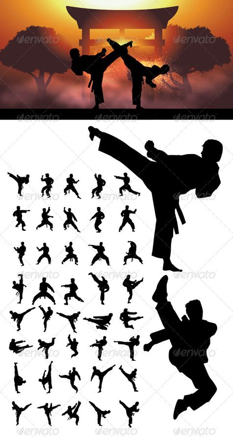 Taekwondo and Karate Silhouettes #GraphicRiver Nice and High Detail vector. In this files include AI and EPS versions. You can open it with Adobe Illustrator CS and other vector supporting applications. I hope you like my design, thanks visit my silhouettes collection graphicriver /collections/3119286-silhouettes Created: 4January13 GraphicsFilesIncluded: VectorEPS #AIIllustrator Layered: No MinimumAdobeCSVersion: CS Tags: TaeKwonDo #action #background #clip #effect #fight #fist #japan #karate # Karate Moves, Karate Training, Trening Sztuk Walki, Kung Fu Martial Arts, Tae Kwon Do, Self Defense Martial Arts, Karate Martial Arts, Pencak Silat, Martial Arts Techniques