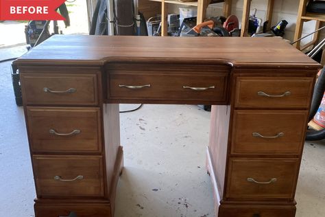 DIY Desk Turned Kitchen Island - Before & After | Kitchn Refurbished Kitchen Cabinets, Traditional Sideboard, Used Kitchen Cabinets, Functional Kitchen Island, Old Desks, Kitchen Renovations, Shaker Style Doors, Cube Shelves, Solid Wood Desk