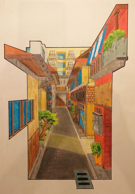 Prospective Reference City, Prospective Art, Prospective Drawing, Rural Japan, Three Point Perspective, 1 Point Perspective, Japanese Style House, Painting References, One Point Perspective