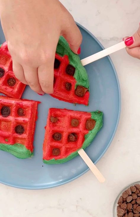 popsicle stick being added to a waffle made to look like a watermelon slice. Homemade Toaster Strudel, Waffle Pops, Pancake Shapes, Ice Cream Business, How To Make Waffles, Kodiak Cakes, Summer Breakfast, Breakfast Sweets, Watermelon Slice