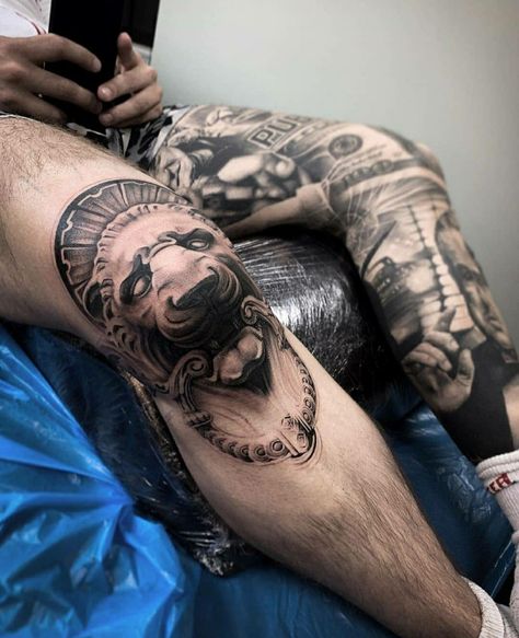 Arm Tattoo Men Greek Mythology, Greek Leg Tattoo Men, Leg Sleeve Tattoo Male Greek Mythology, Greek Tattoos Leg Sleeve, Greek Mythology Knee Tattoo, Leg Greek Tattoo, Greek Mythology Leg Sleeve, Full Leg Greek Tattoo, Greek Leg Sleeve