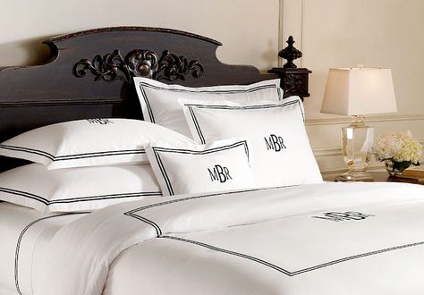 Monogrammed Bedding Monochromatic Bedroom, Monogram Bedding, Hotel Bedding, Bedroom Organization, Condo Ideas, Luxurious Hotel, Monogram Pillows, Bedding Ideas, Bedroom Goals