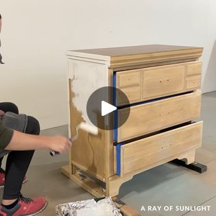 298K views · 5.4K reactions | Repainting a Thrifted Dresser | By A Ray of Sunlight - Painted Furniture & DIY | This dresser is getting a little makeover. When we bought it, it actually had a good red paint finish but I'm not into red furniture so let's make it over. First, I removed all the red paint and the primer that was underneath. I used a couple of coats of citrus strip to remove the paint and primer layers. Then I scrubbed off the residue with some Mineral Spirits and Still Wool. And after it was all dry, here's what we were left with. I'm not really a fan of the way that the bottom of the dresser looks so I unscrewed it. Drew a new design on it and cut the more modern design out with my jigsaw. And then I sanded all of those edges smooth because I definitely did not cut everything Adirondack Blue, Red Furniture, Painted Furniture Diy, Furniture Refinishing, Mineral Spirits, Paint Finish, Furniture Makeovers, Red Paint, Refinishing Furniture