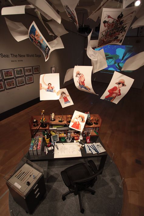 One Piece Exhibit: Oda's Desk Anime Exhibition, Manga Exhibition, Anime Events, Five Little Monkeys, Museum Exhibition Design, One Piece Meme, Shonen Jump, New Media Art, Exhibition Display