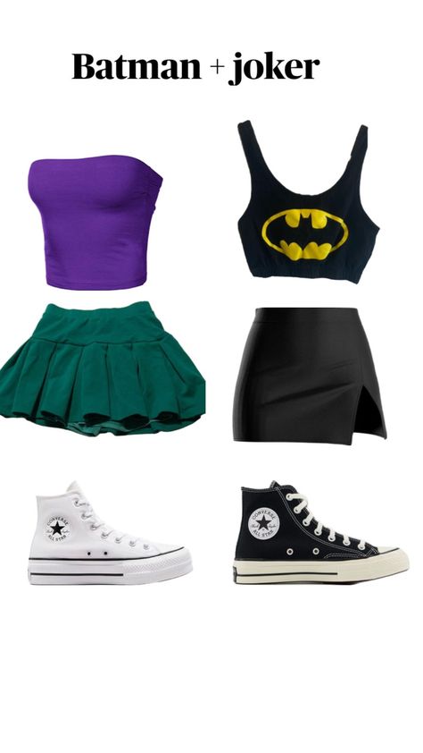 #halloween #batman #joker #outfitinspo #homedecor #nature #beauty #miniskirt #rarebeauty #vintage #fyp #trending #preppy #homedecor Duo Halloween Costumes Batman And Joker, Preppy Matching Halloween Costumes, Duo Halloween Costumes Movie, Duo Outfits Best Friends, Quick And Easy Costumes, Halloween Outfits Duo, Batman Costume For Girls, Fun Halloween Outfits, Halloween Duo