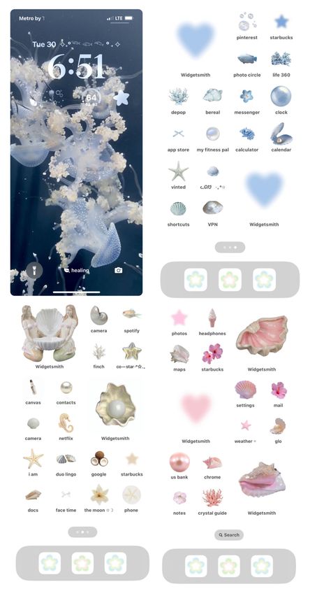 Iphone Background Theme Ideas, Pixel Theme Amino, Jellyfish Themed Phone, Spring Phone Themes, Contact Pictures Aesthetic, Jellyfish Phone Theme, Iphone Widgets Aesthetic Ideas, Ios Theme Ideas, Phone Widget Ideas