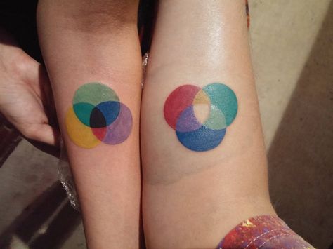 My wife and I got bro Tats. Additive and subtractive color wheels. Todd @ Two-Tone, Murfreesboro, Tn. - Imgur Color Wheel Tattoo, Everything Tattoo, Circle Tattoo Design, Non Permanent Tattoo, Aa Tattoos, Additive Color, Subtractive Color, Color Wheels, Circle Tattoo