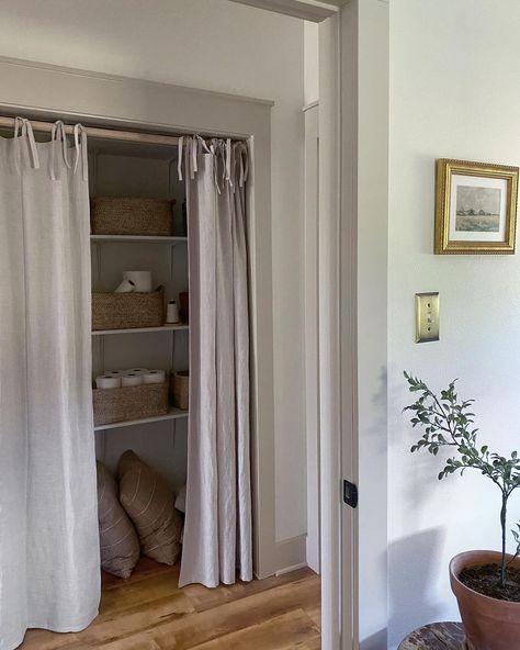 Curtains In Front Of Closet, Curtains In Doorway, Shelves With Curtains, Curtain For Closet Door Bedroom Ideas, Closet With Curtains For Doors, Curtains Instead Of Closet Doors, Curtain Closet Door Ideas, Curtain For Closet Door, Closet Curtain Ideas