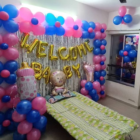 Baby Welcome Decoration Home Indian, Simple Baby Shower Decorations, Indian Baby Shower Decorations, Welcome Home Decorations, Baby Decorations, Indian Baby Showers, Baby Boy Decorations, Cradle Ceremony, Baby Welcome