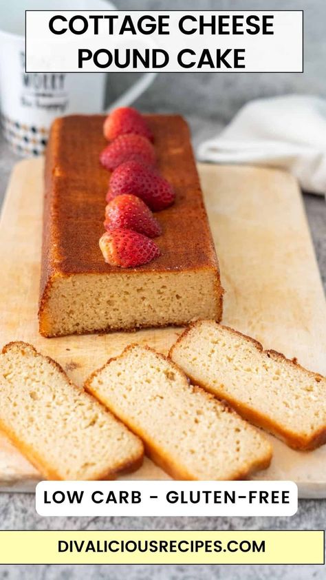 Cottage Cheese Pound Cake Protein Pound Cake, Cottage Cheese Pound Cake, Cottage Cheese Cake, Almond Milk Cheese, Cheese Pound Cake, Healthier Sweets, Baking With Coconut Flour, Low Carb High Protein, Low Carb Flour