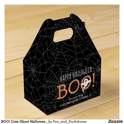 Personalized Halloween Favor Boxes -Add a fun finishing touch to your custom Halloween gifts or sweet candy treats with these personalized "BOO! gable favor boxes. Top and bottom text can fully customized. The black, white, and orange design features a cute spooky ghost, creepy spiderwebs, and simple modern handwritten style typography. Perfect for October birthday party favors or trick or treat. Happy Halloween! Affiliate Link October Birthday Party, October Birthday Parties, Ghost Halloween Party, Halloween Treat Holders, Halloween Favor, Candy Treats, Halloween Favors, Candy Party Favors, Party Hacks