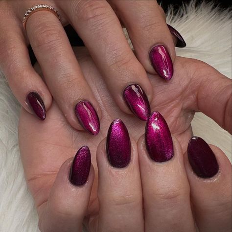 Fall burgundy nails using @apresnailofficial with cat eye magnetic polish and glass polish. @mysalonsuitebedford Maroon Cat Eye Nails, Burgundy Cat Eye Nails, Fall Burgundy Nails, Fall Cat Eye Nails, Magnetic Polish, Naild It, Eye Nails, Burgundy Nails, Cat Eye Nails