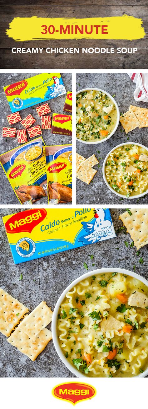 This made-from-scratch, 30-Minute Creamy Chicken Noodle Soup is rich, delicious, and totally comforting. Featuring MAGGI® bouillon cubes, this dish has cold-weather comfort food written all over it. For dinner idea your familia will love, click to do more with MAGGI® and save $.50 off 2 Maggi soups and bouillons! Maggi Soup Recipe, Creamy Chicken Noodle Soup Recipe, Creamy Chicken Noodle, Soup Video, Creamy Chicken Noodle Soup, Cold Weather Comfort Food, Rotini Pasta, Soup Recipes Chicken Noodle, Chicken Noodle Soup