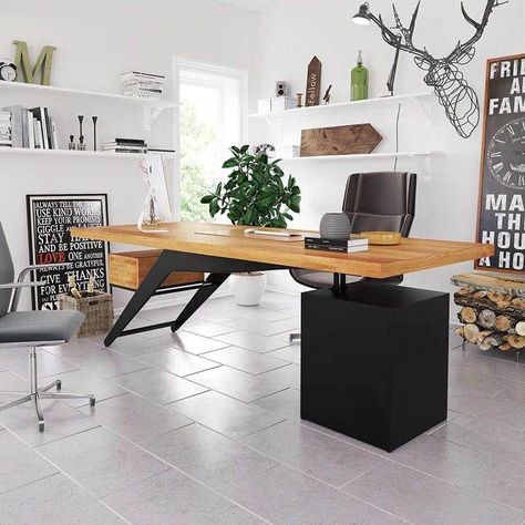 Industrial Office Table, Wood Home Office, Solid Wood Office Desk, Desk Product, Working Room, Contemporary Office Design, Elegant Home Office, Modern Home Office Desk, Wood Office Desk