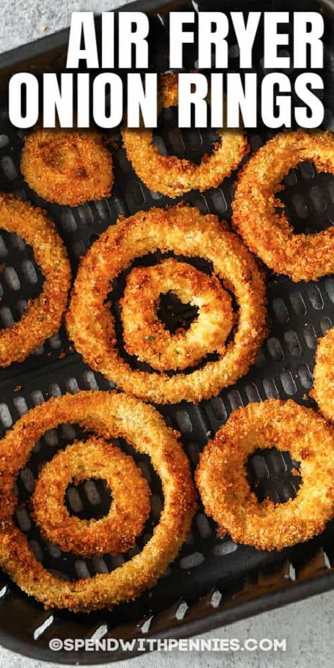 Learn how to make Air Fryer Onion Rings with this easy recipe! They are so crispy, crunchy, and full of flavor, perfect as an appetizer or as a side dish. #spendwithpennies #airfryeronionrings #onionrings #appetizer #sidedish #recipe #homemade #easy #batter #best #crispy Air Fryer Onion Rings Recipe, Air Fryer Recipes Onion Rings, Onion Rings Air Fryer, Air Fryer Onion Rings, Ninja Airfryer, Onion Rings Recipe, Air Fryer Recipes Dessert, Air Fryer Recipes Snacks, Recipes To Make At Home