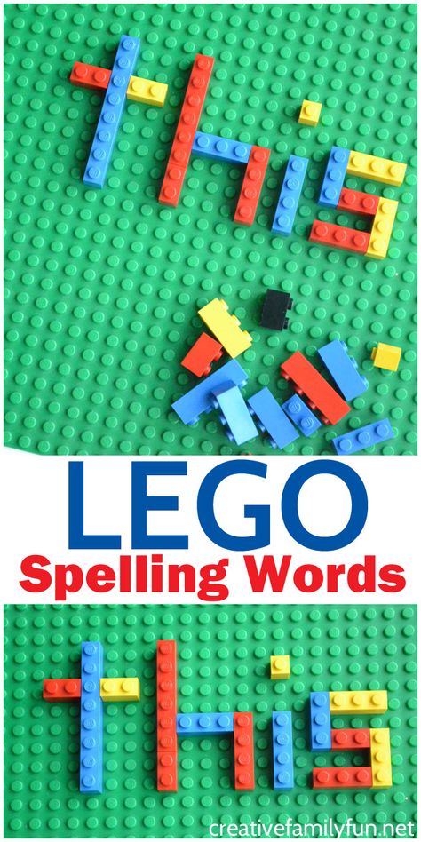 Put down the pencil and practice spelling by creating LEGO spelling words. It's great fun for little LEGO fans and all kids. Lego Writing, Lego Classroom, Tutoring Resources, Spelling Word Activities, Lego Learning, Spelling Word Practice, Lego Words, Lego Letters, Lego Play