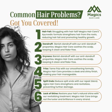 🌿 Common Hair Problems? We've Got You Covered! 💪 1. Hair Fall: Struggling with hair fall? Magics Hair Care's Ayurveda formula strengthens hair from the roots, reducing hair fall and promoting healthy growth. 2. Dandruff: Banish dandruff with our anti-dandruff properties. Magics Hair Care soothes the scalp, keeping it clean and flake-free. 3. Dryness: Combat dryness with our nourishing ingredients. Magics Hair Care hydrates and moisturises, leaving your hair soft and smooth. 4. Frizz: Tame fr... Eco Friendly Hair Products, Hair Care Recipes, Reduce Hair Fall, Magic Hair, Anti Dandruff, Hair Problems, Working Mother, Hair Fall, Hair Strengthening