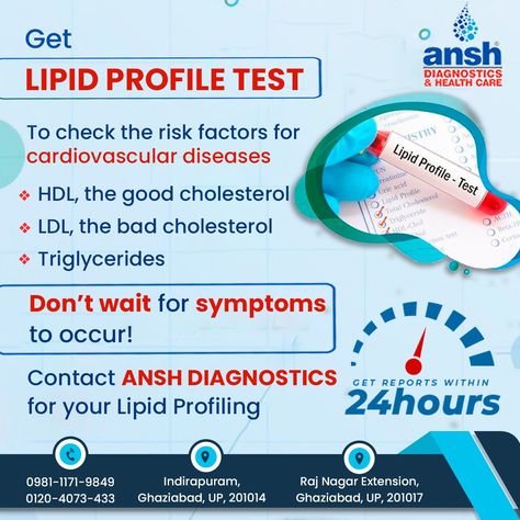 Don't wait for symptoms to occur! Get Lipid Profile Test done at #AnshDiagnostics. 📞Call us at 0120-4376887 , 8527259644, 9811719849. #CVD #lipidprofiling #cholestrol #triglycerides #anshdiagnosticscentre #indirapuram #RajNagarExtension #QualityCare #HealthForAll Lipid Profile Test, Lipid Profile, Uric Acid, Cardiovascular Disease, Disease, Health Care, Quick Saves