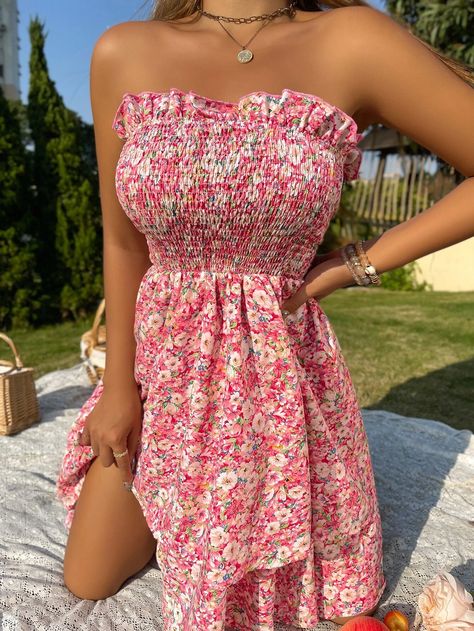 Shirred Bodice Layered Allover Floral Tube Dress | SHEIN Floral Tube Dress, Shirred Dress, Dress Classy, Tube Dress, Floral Dresses, Dress P, Pretty Dresses, Strapless Dress, Bodice