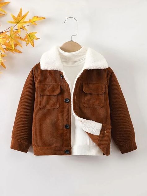 Toddler Boys Flap Pocket Borg Collar Button Up Jacket | SHEIN USA Bodysuit And Skirt, Baby Boy Tops, Sherpa Lined Jacket, Lapel Jacket, Button Up Jacket, Baby Pants, Boys Jacket, Boys Casual