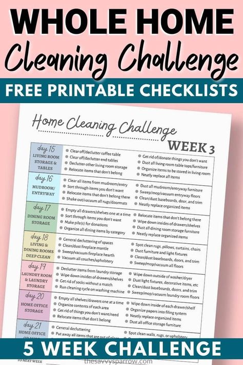 Need free printable cleaning checklists to finally get your house clean? I created this 5 week Whole Home Cleaning Challenge to help myself get my own home clean and I'm sharing it with you! Grab the free printable cleaning challenge to help you declutter, organize, and deep clean your house now! Zone Cleaning Printable, Deep Cleaning House Checklist Monthly, Free House Cleaning Printables, Cleaning Calendar Printable Free, Home Organization Challenge, Declutter Calendar Free Printables, Deep Clean Checklist By Room, Room By Room Cleaning Checklist Free, Cleaning Planner Printable Free