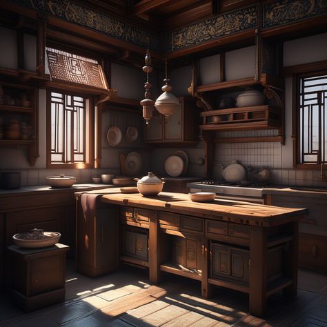 Traditional Chinese Kitchen, Traditional Chinese Room, Chinese Kitchen Design, Traditional Chinese House Interior, Japanese Interior Design Traditional, Chinese House Interior, Chinese Style House, Traditional Chinese Interior, House Roblox Bloxburg