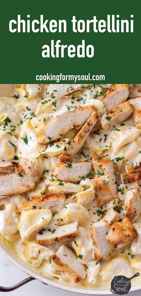 Chicken Tortellini Alfredo! This creamy and comforting chicken tortellini alfredo is the perfect weeknight dinner. It's so incredibly delicious and easy to make. Tortellini Recipes Chicken Alfredo Sauce, Cheese Tortellini Alfredo Recipes, Chicken Taco Tortellini, Tortellini Rotisserie Chicken, Pasta Dinner Recipes Tortellini, Chicken Tortellini Alfredo Recipes, 3 Cheese Tortellini Recipes Chicken, Tortellini Alfredo With Chicken, Tortellini Casserole Alfredo