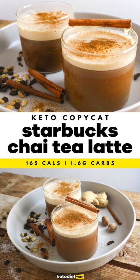 Amazing Keto Chai Tea Latte Starbucks Copycat Recipe - A comforting keto chai tea latte made with black tea and espresso for that much needed caffeine hit! Infused with fragrant spices like cinnamon, ginger, cardamom and nutmeg — it's even better than Starbucks. Keto Chai Tea Latte, Keto Chai Tea, Chai Tea Latte Starbucks, Chai Tea Latte Recipe, Latte Starbucks, Tea Latte Recipe, Fat Burning Tea, Low Carb Drinks, Copycat Starbucks Recipes