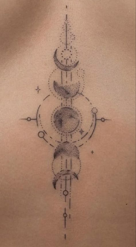 by @federnozrdin on IG Moon Phases Tattoo Lower Back, Ornamental Moon Phases Tattoo, Moon Phases Tattoo Designs Spine, Astronomy Spine Tattoos, Phases Of The Moon Tattoo Spine, Fine Line Moon Phase Tattoo, Moon Cycle Tattoo Spine, Moon Phases Spine Tattoo, Moon Phase Spine Tattoo