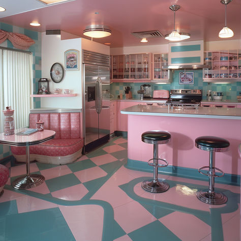 Retro 1950's style turquoise and pink kitchen. Bar stools and a booth! Fun inspiration Pink Diner Aesthetic, 50s Salon Aesthetic, Retro Diner Kitchen Ideas, Diner Inspired Kitchen, 50s Home Aesthetic, Turquoise Cafe, 1950s Aesthetic Home, Retro Glam Kitchen, 50s Kitchen Vintage