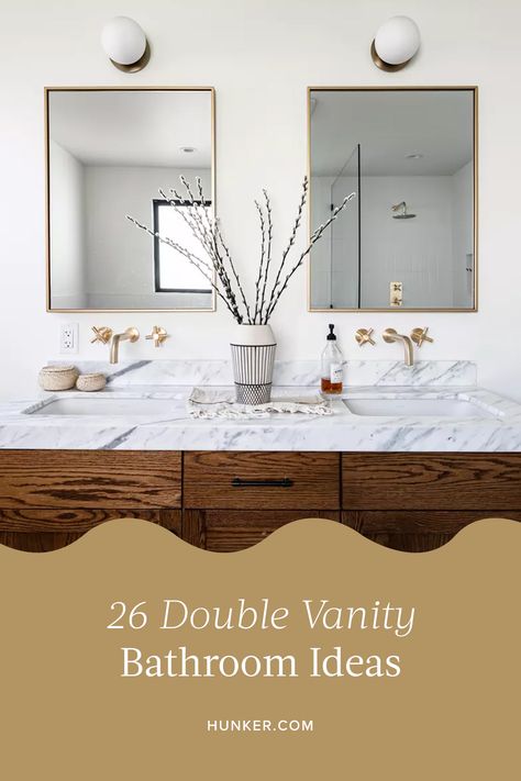 Unlock the secret to a glamorous morning routine with our list of 26 double vanity bathroom ideas that are oh-so-luxurious! Transform your space from ordinary to extraordinary and create an at-home spa experience you'll love. 💎🛁✨ Double Sink Bathroom Vanity Decor, Double Sink Vanity Decor, Double Vanity Lighting Ideas, Double Vanity Sconces, Bathroom Sconces Double Vanity, Double Vanity Bathroom Ideas, Double Sink Bathroom Ideas, Double Vanity Lighting, Vanity Bathroom Ideas