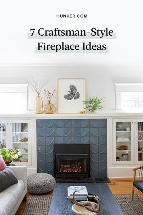 We're sharing seven craftsman style fireplaces, from all-white to original brick that will have you inspired to reimagine your own (or make you wish you had one!). #craftsman #craftsmanstyle #fireplace #fireplaceideas #livingroom Craftsman Living Room Fireplace, Fireplace Ideas Craftsman Style, Craftsman Fireplace With Built Ins, Craftsman Fireplace Ideas, Craftsman Fireplace Mantels, Craftsman Style Fireplace, Modern Farmhouse Living Room Ideas, Craftsman Living Room, Craftsman Fireplace