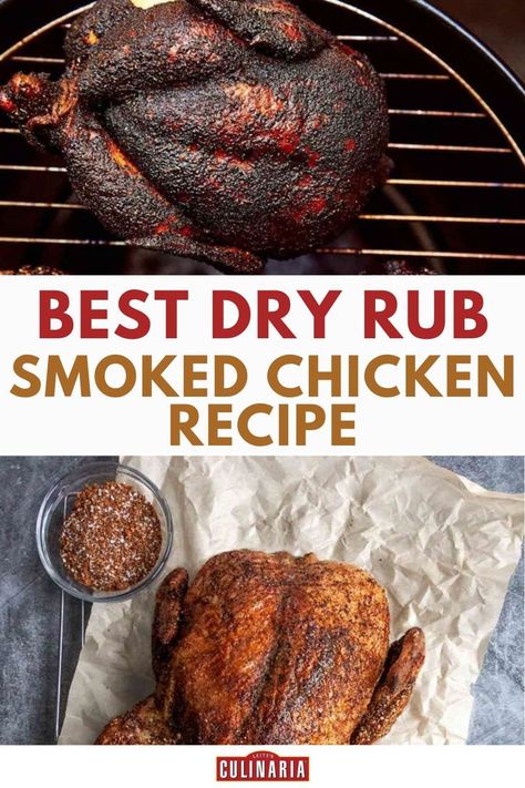 A richly seasoned smoked whole chicken with a crispy exterior on a grill, accompanied by a glass bowl of dry spice rub on parchment paper. Chicken Marinade For Smoker, Young Chicken Recipe, Smoked Chicken Rub, Smoked Chicken Quarters, Chicken Rub Recipes, Chicken Quarter Recipes, Smoked Chicken Recipes, Smoked Whole Chicken, Chicken Quarters