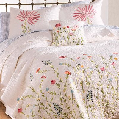 Plow & Hearth Emeline 3 Piece Comforter Set Size: King Hand Embroidered Bedspread, Bed Sheet Painting Design, King Size Pillow Shams, Bed Cover Design, Cushion Embroidery, Elegant Texture, King Size Pillows, Flower Quilt, Garden Quilt