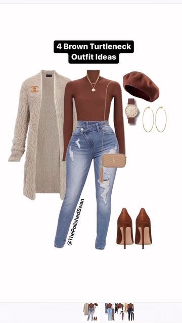 The Polished Swan™️ | Outfits for Women on Instagram: "4️⃣ Ways to Style a Brown Turtleneck #tbt . . #thepolishedswan #momlife #teacherfashion #nursefashion #nursefashionista #wardrobestylist #wardrobegoals #wardrobestaples #fallfashion2022" Light Brown Turtleneck Outfit, Brown Turtle Neck Outfit, Light Brown Pants Outfit, Brown Turtleneck Outfit, White Turtleneck Outfit, Outfit Inspo For Women, Light Jeans Outfit, Black Turtleneck Outfit, Turtleneck Sweater Outfit