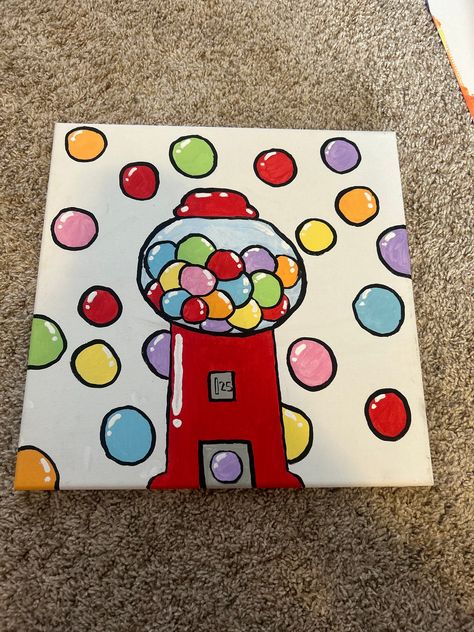 Hand painted bubble gum machine!! 10x10 canvas Super Easy Preschool Crafts, Canvas 10×10, Painting For My Best Friend, Small Paintings For Beginners, Studio Art Projects, Cool Small Paintings, Back To School Painting Ideas, Fun Designs To Paint, Crafts For Older Adults Nursing Homes