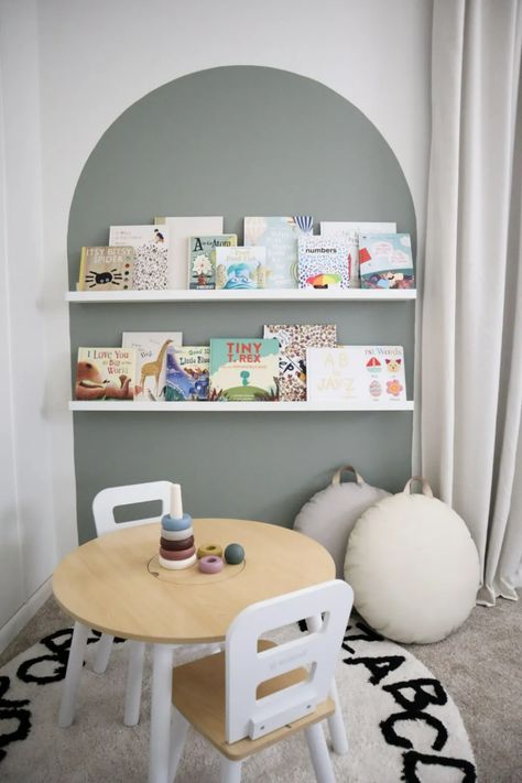 Painted Arch for Kid's Reading Nook - Chronicle in the Pines Painted Arch Playroom, Reading Nook Playroom, Toddler Reading Area, Kids Playroom Paint Ideas, Reading Corner Toddler, Kids Room Reading Corner, Toddler Reading Corner, Playroom Bookshelves, Nursery Reading Corner