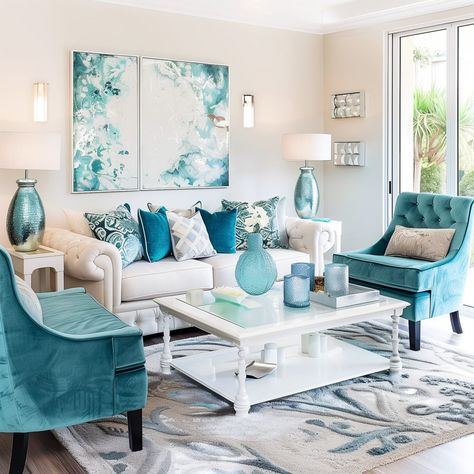 living_room_teal_accents 37 Cream Teal Living Room, Teal Accents Living Room, Teal Living Room Ideas, Mint Living Rooms, Living Room Teal, Beachy Designs, Aqua Living Room, Teal Living Room, Home Styling Ideas