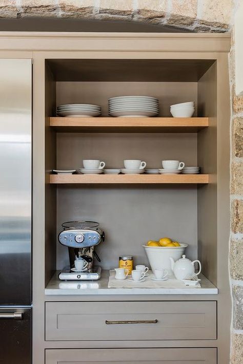 Arched stone fridge alcove featuring a built-in coffee station niche with blond wood floating shelves. Coffee Niche, Meadow House, Kitchen Niche, Coffee Station Kitchen, Ideas For Breakfast, Tea Station, Home Coffee Stations, Wainscoting Panels, Bar Shelf