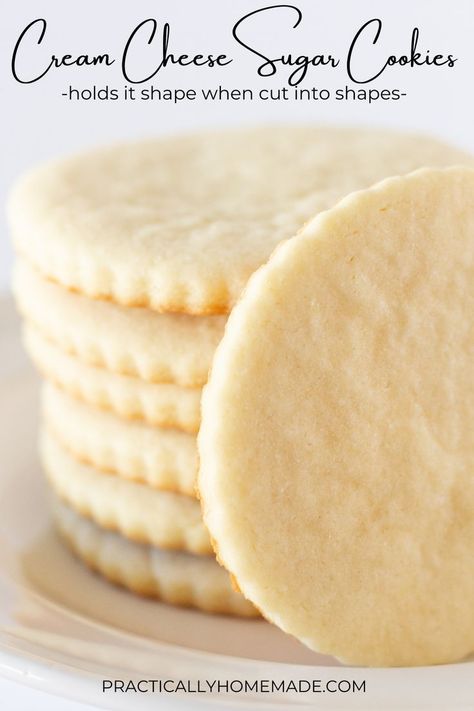 Take your sugar cookies to the next level with this recipe for Cream Cheese Sugar Cookies. It is easy to make, has a short chill time, bakes up perfectly and holds it shape but best of all...these sugar cookies taste amazing and are soft. This recipe will be your new go-to cookie for the holidays. Easy Cut Out Sugar Cookies, Cream Cheese Sugar Cookie Recipe, Betty Crocker Sugar Cookies, Practically Homemade, Cut Out Sugar Cookies, Cream Cheese Sugar Cookies, Cut Out Sugar, Baking Secrets, Sugar Cookie Mix